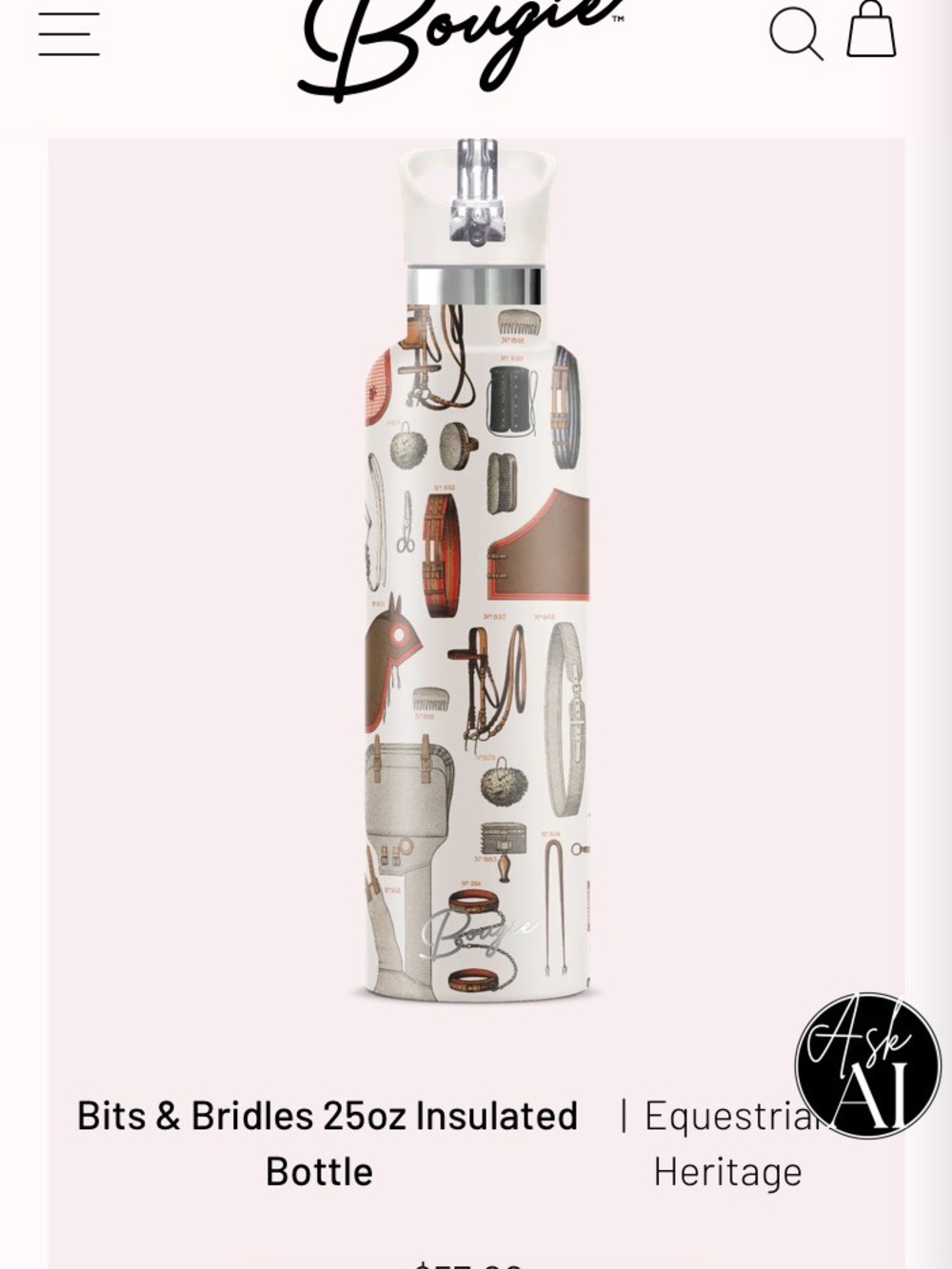 Bougie - Bits & Bridles 25oz Insulated Bottle - Equestrian Heritage (Cream/Tan)